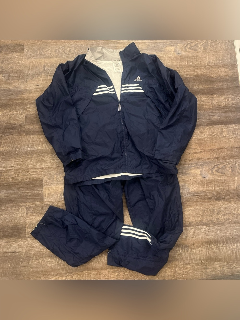 Vtg Adidas Windbreaker Athletic Track Set XL Jacket Pants Nylon Lined Blue White